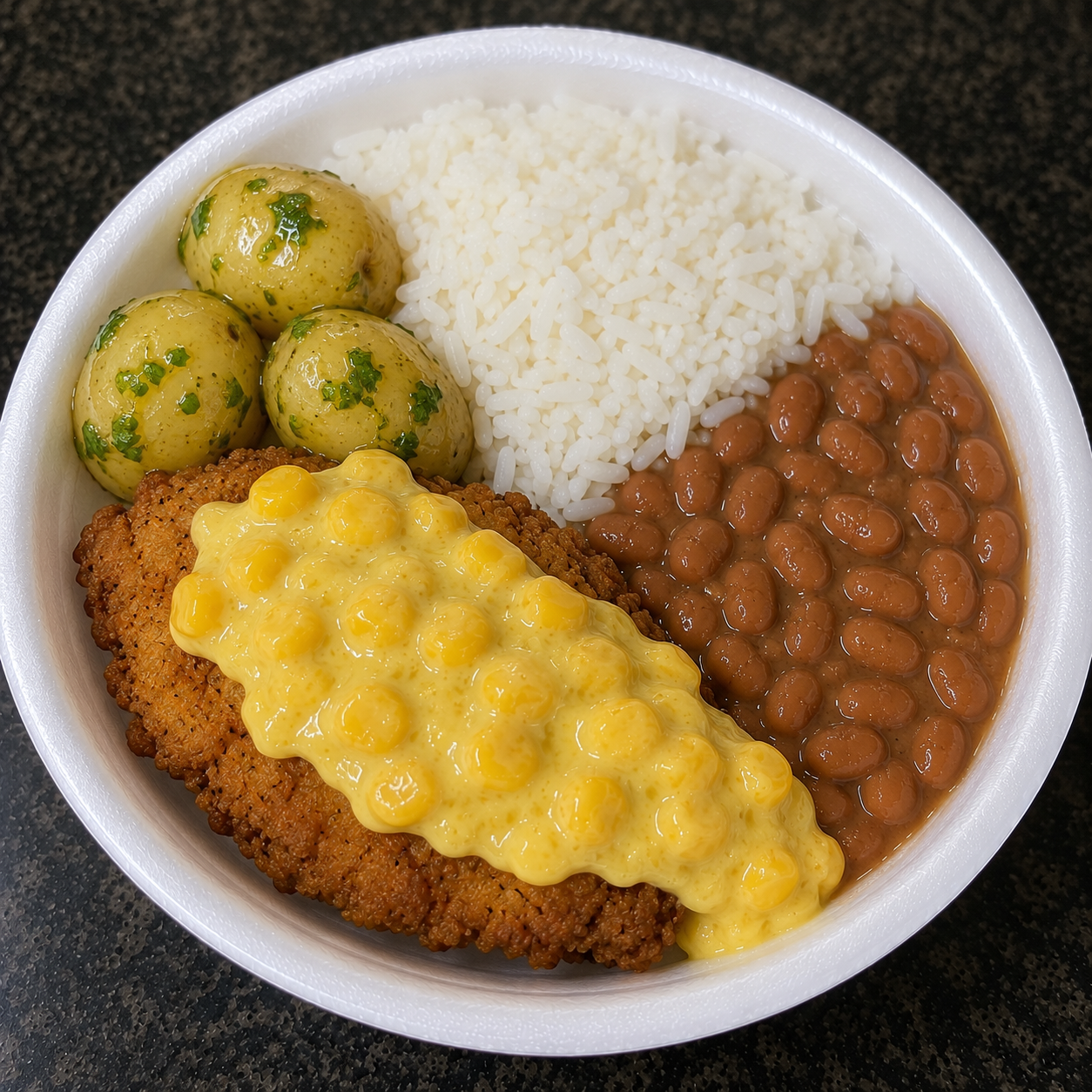 Marmitex P do Galettu's: arroz, feijão, 1 tipo de carne e 2 guarnições